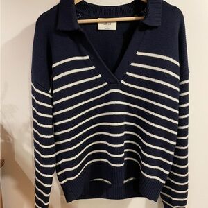 Wilfred Deep Blue and Cream V-Neck Sweater